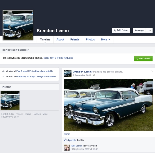 Brendon Lemm Facebook as at 9.1.15
