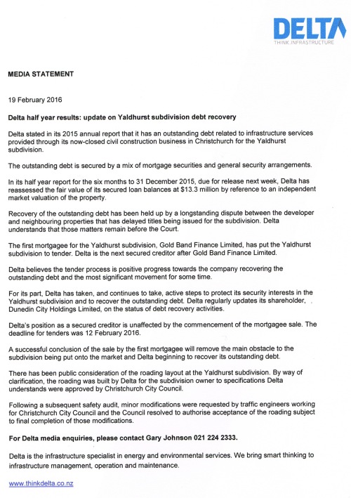 160219 Media Statement_Delta half year results - update on Yaldhurst subdivision debt recovery (scanned)